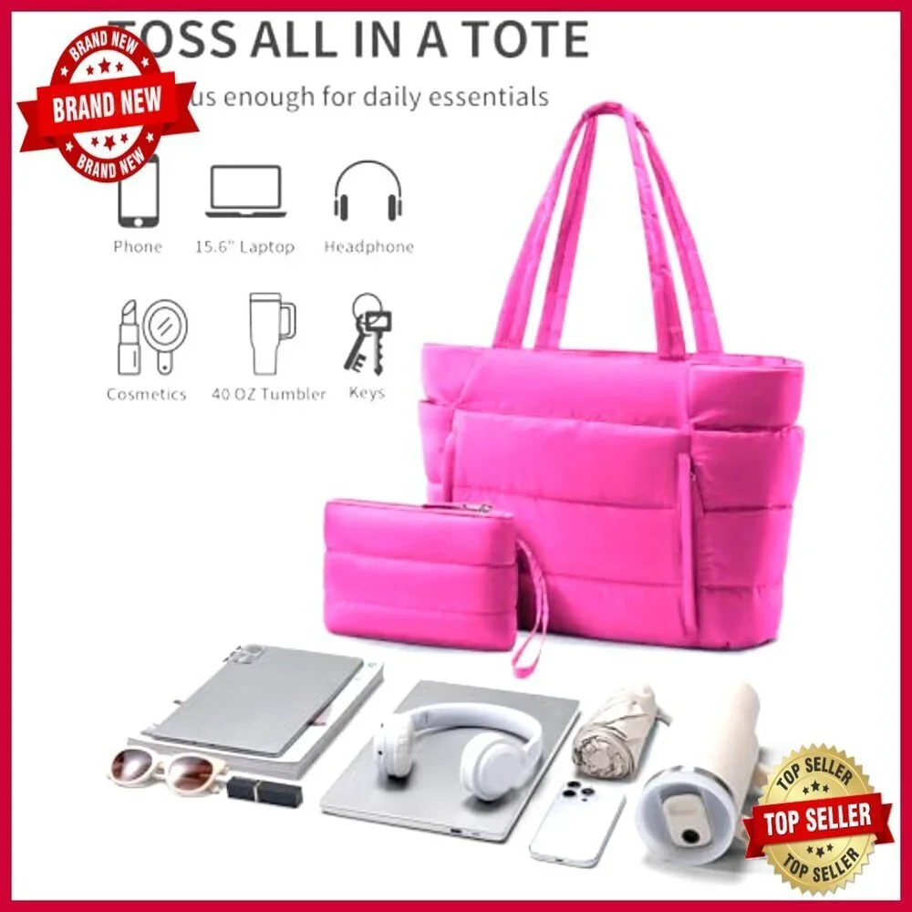 Puffer Tote Bag with Laptop Sleeve and Tumbler Holder, Lightweight Work Travel